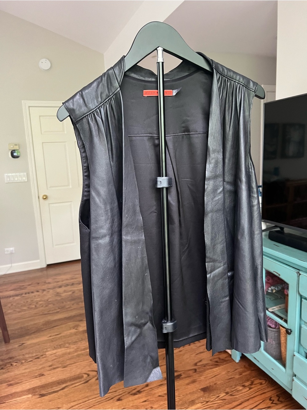 Alice + Olivia Black Leather Draped Open Vest